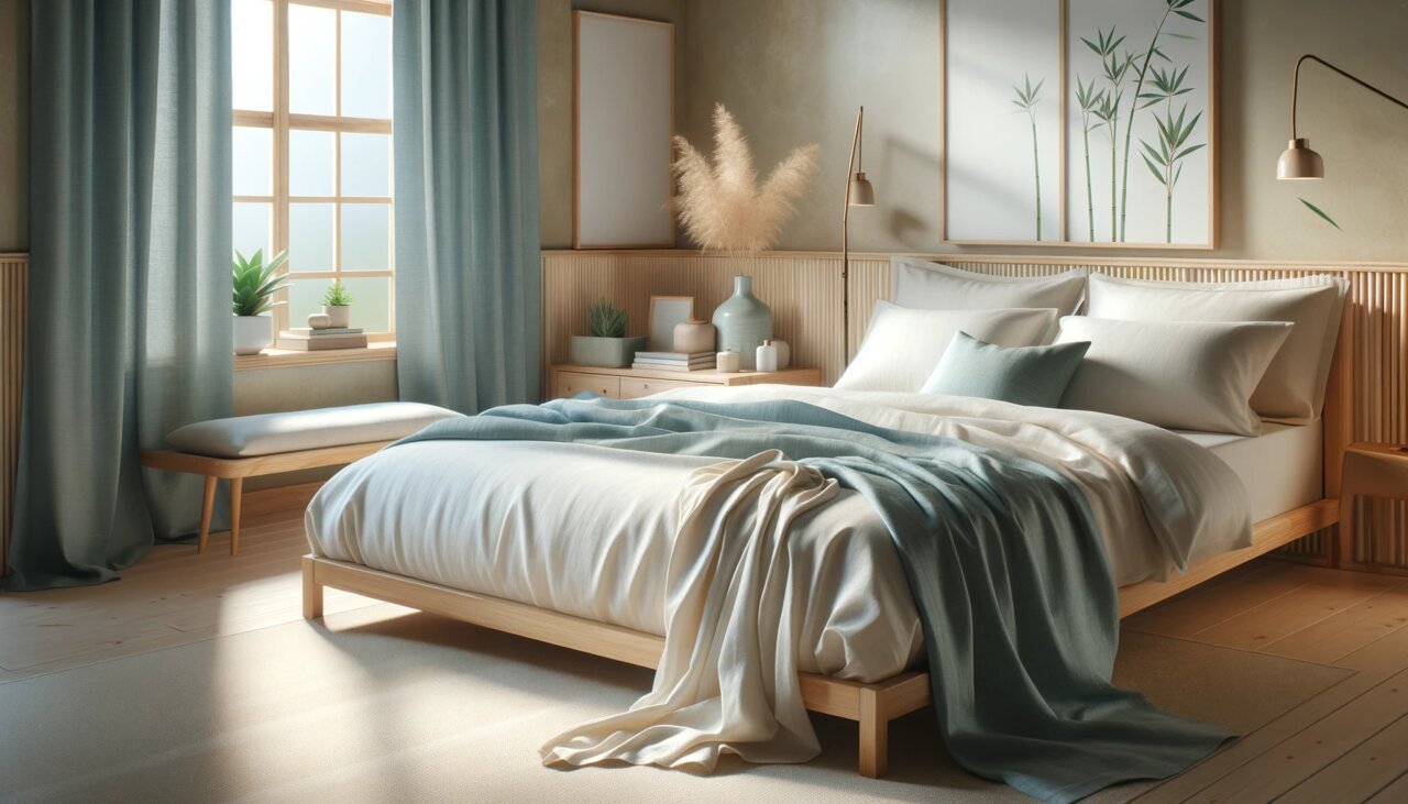 Tranquil bedroom with luxurious bamboo sheets illustrating cooling properties