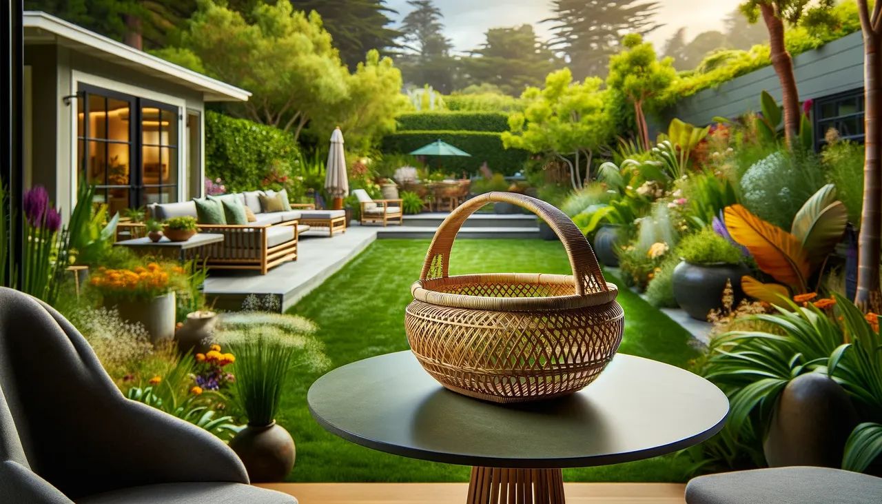 Bamboo Basket on a Modern Table in a Vibrant Californian Backyard