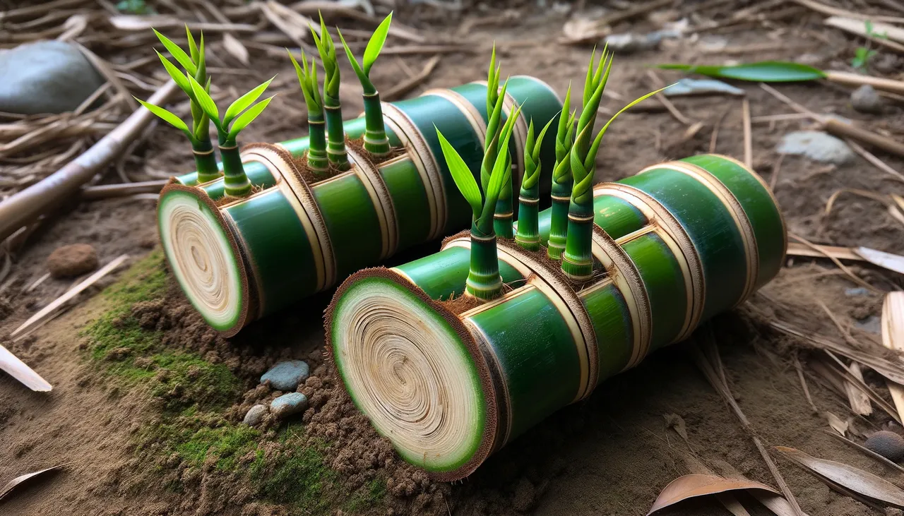 bamboo cuttings with new shoots growing on soil
