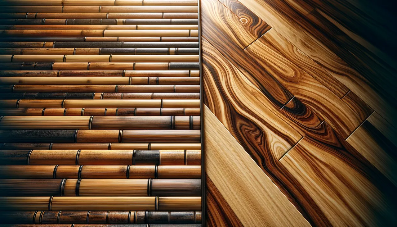 Close-up comparison of bamboo and hardwood flooring textures