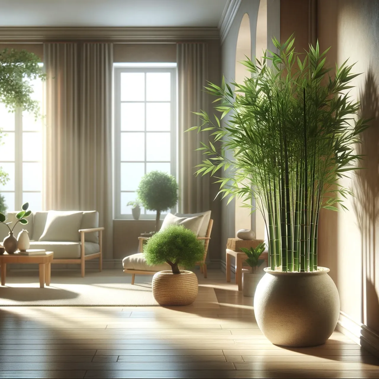 Serene indoor bamboo plant in shaded area.