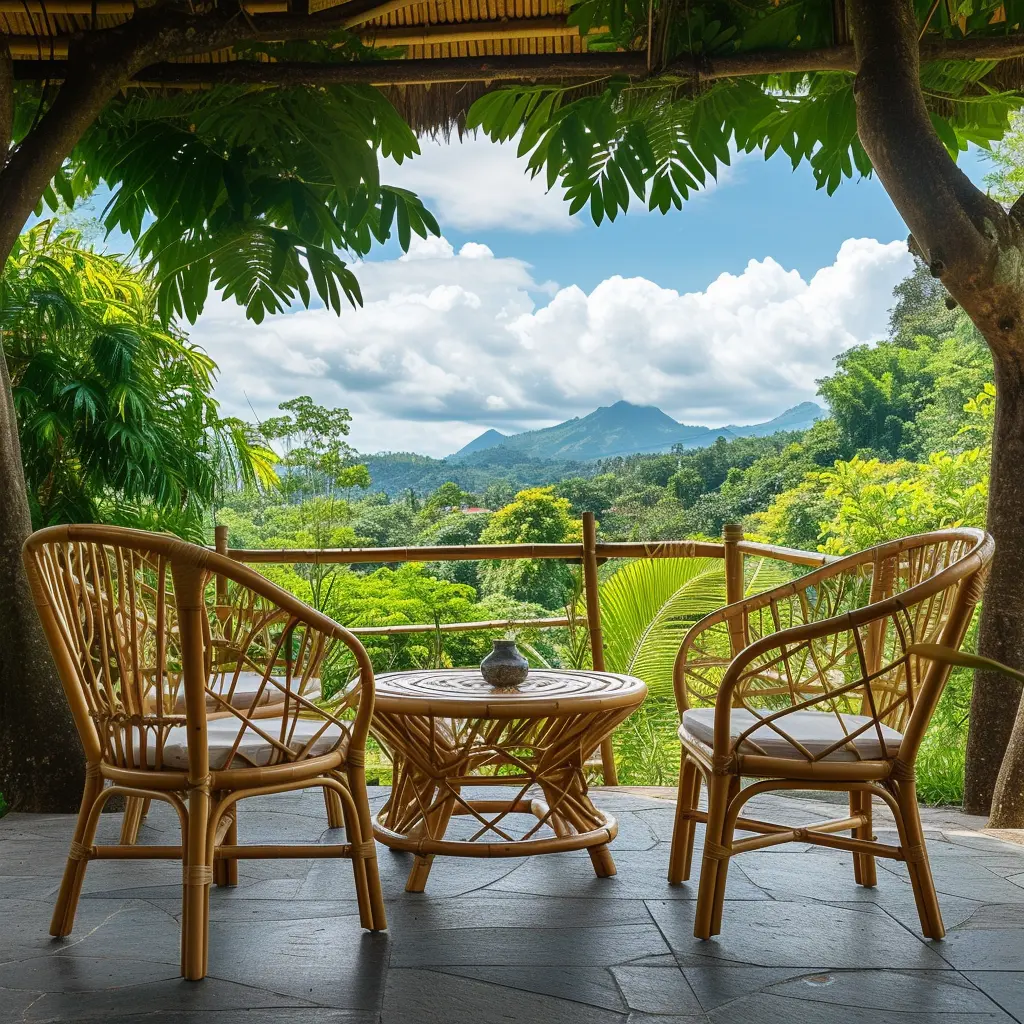 Elegant bamboo chairs and a table in a lush garden setting, showcasing the durability and beauty of bamboo furniture in outdoor environments, under a sunny sky with a few clouds.