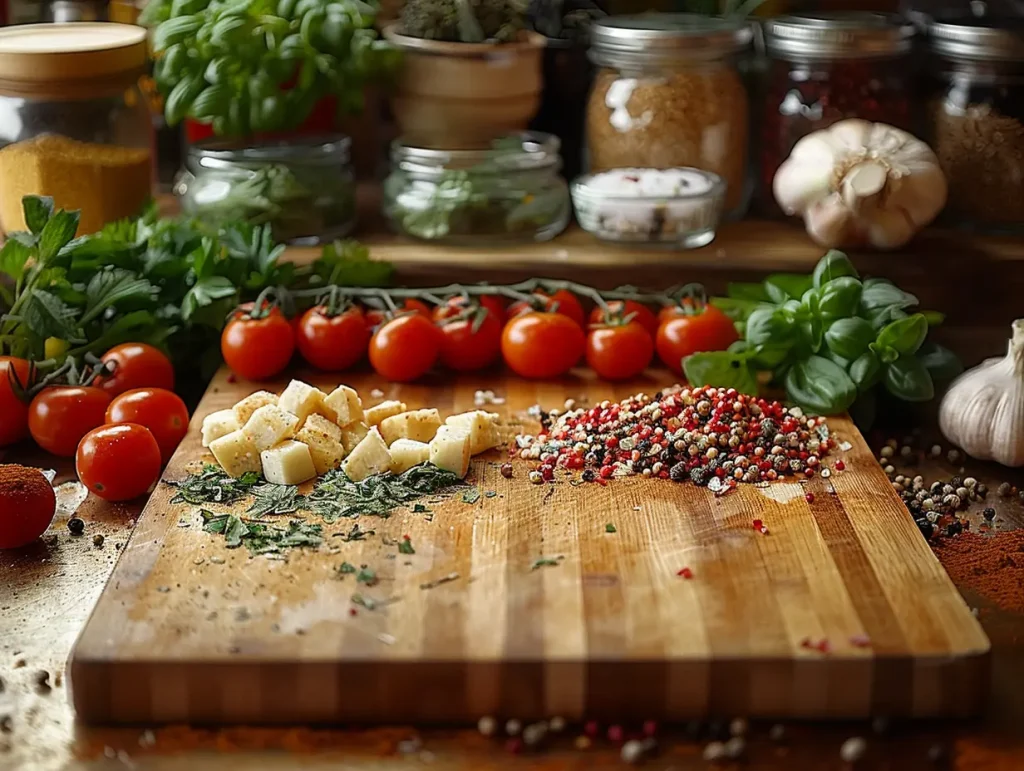 Bamboo cutting board with food