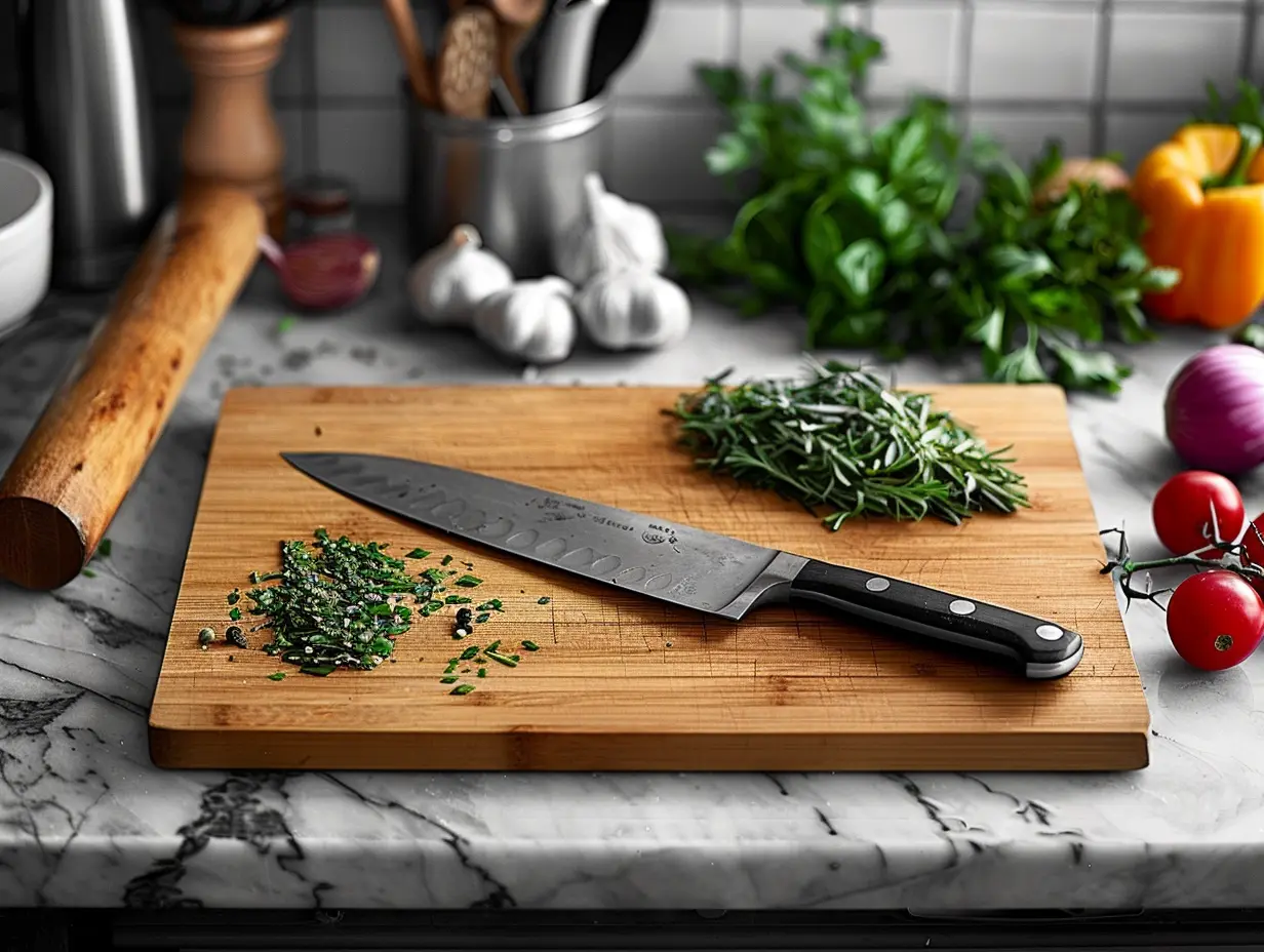 Bamboo cutting board in kitchen