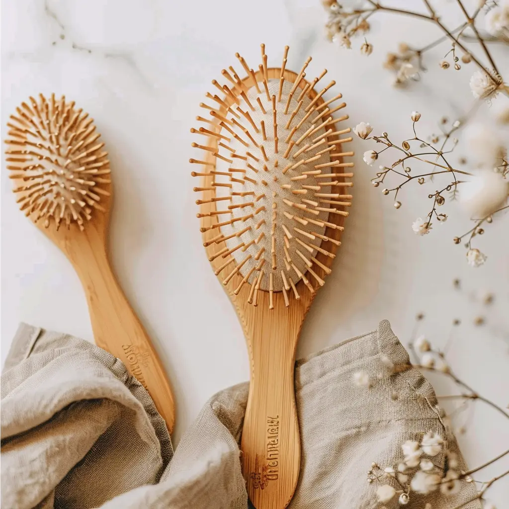 Bamboo hair brushes on table
