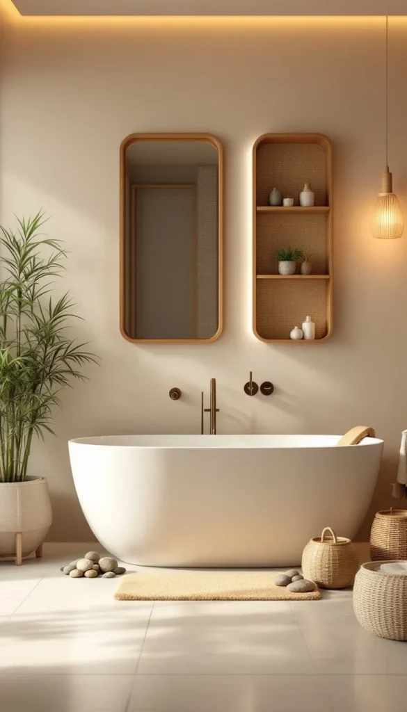 Tranquil bathroom bamboo shelving spa style zen decor