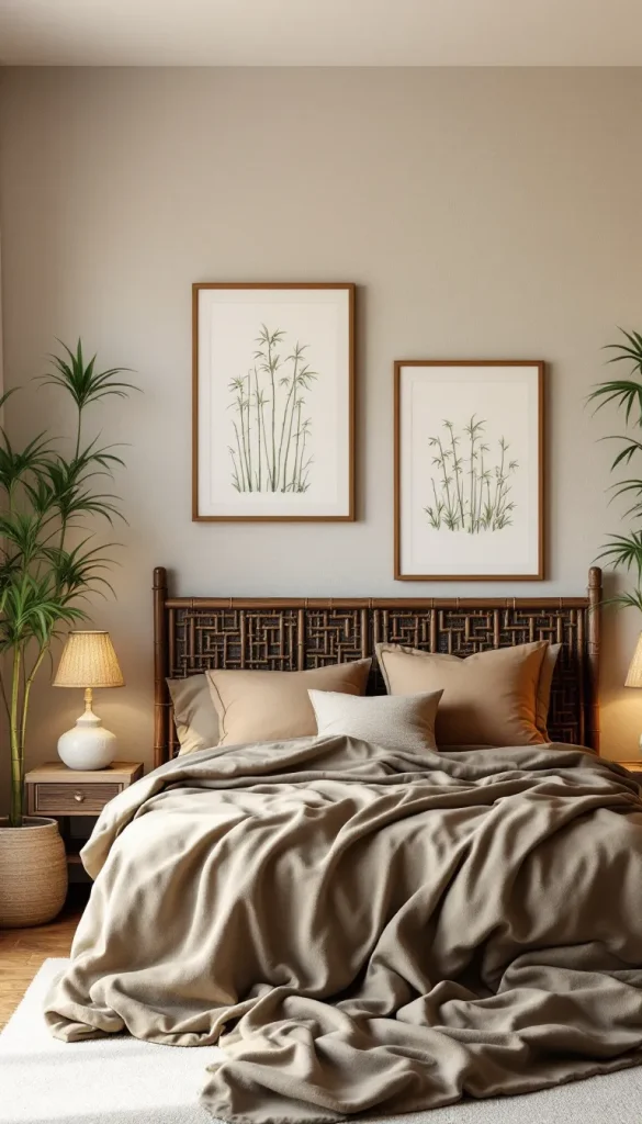 Cozy bedroom bamboo headboard boho decor eco friendly style