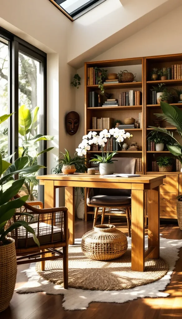 Tropical home office bamboo desk green decor natural light