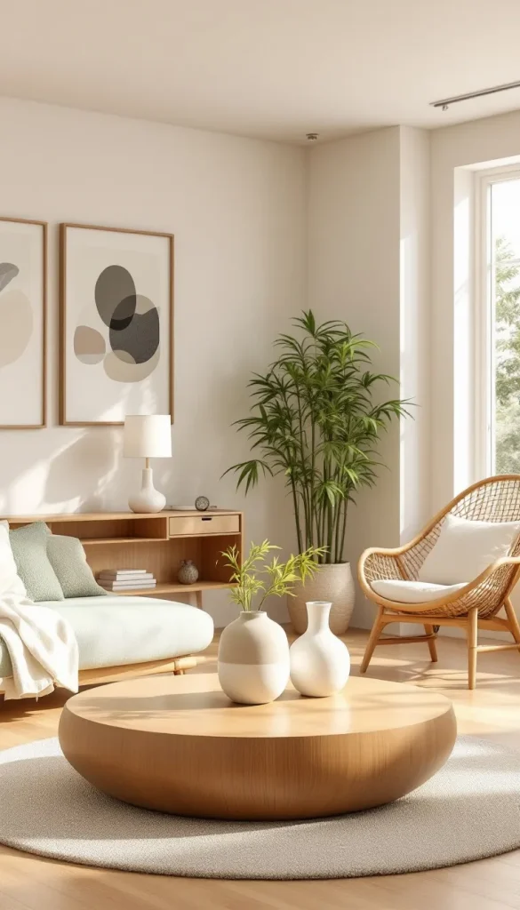 Modern living room bamboo decor potted plants minimalist furniture