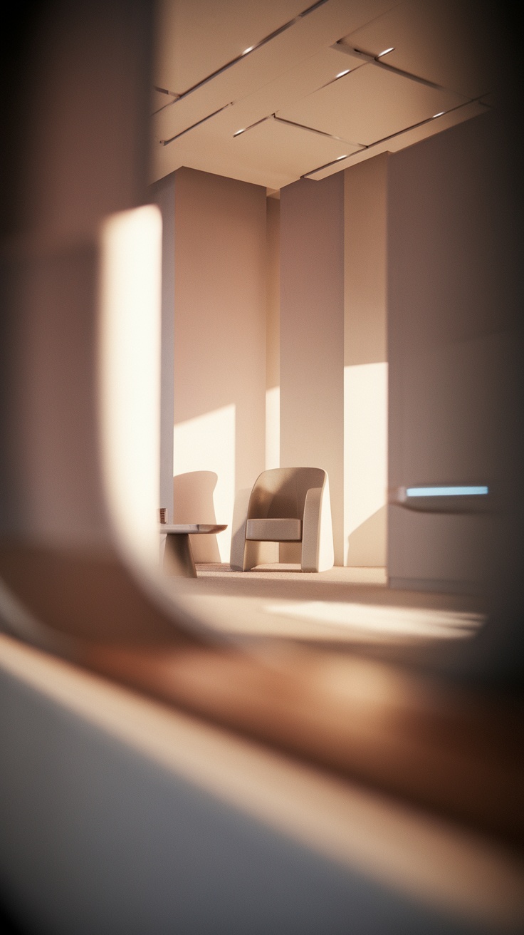 A minimalist reading nook featuring simple furniture and soft natural light.
