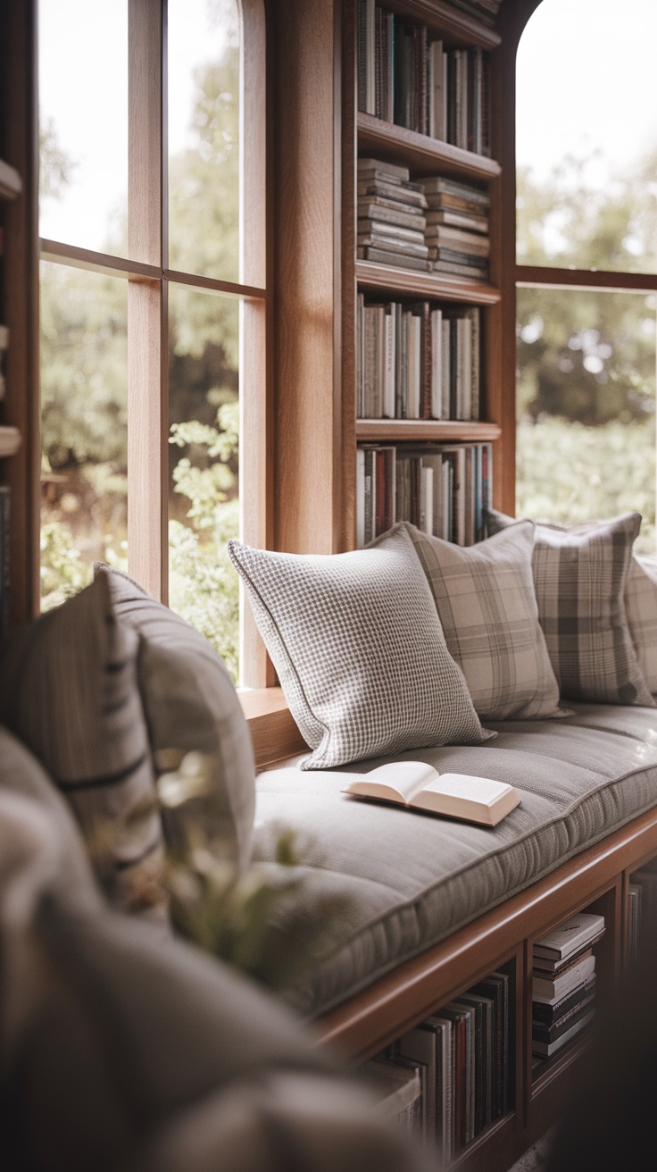 Cozy window seat with cushions and a small bookshelf.