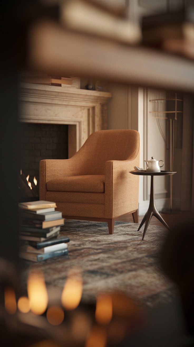Cozy reading nook with an orange armchair, fireplace, and a stack of books.