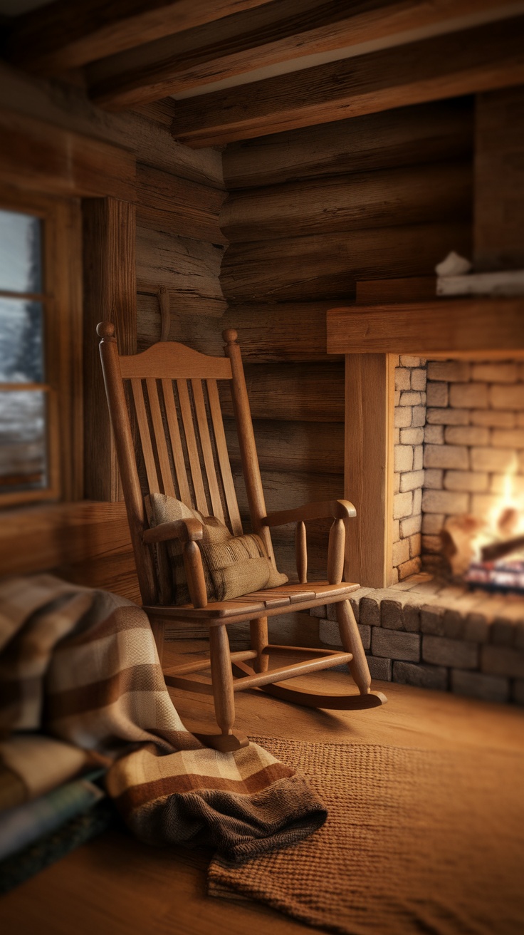 Cozy rustic reading nook with a rocking chair, fireplace, and warm blankets