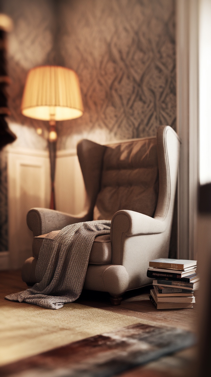 Cozy reading nook featuring an overstuffed armchair with a blanket, a lamp, and a stack of books.