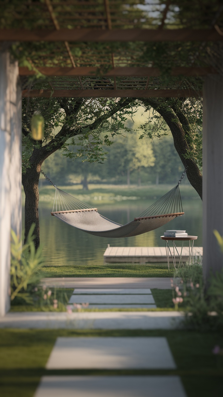 A serene outdoor reading nook with a hammock, a small table, and lush greenery.