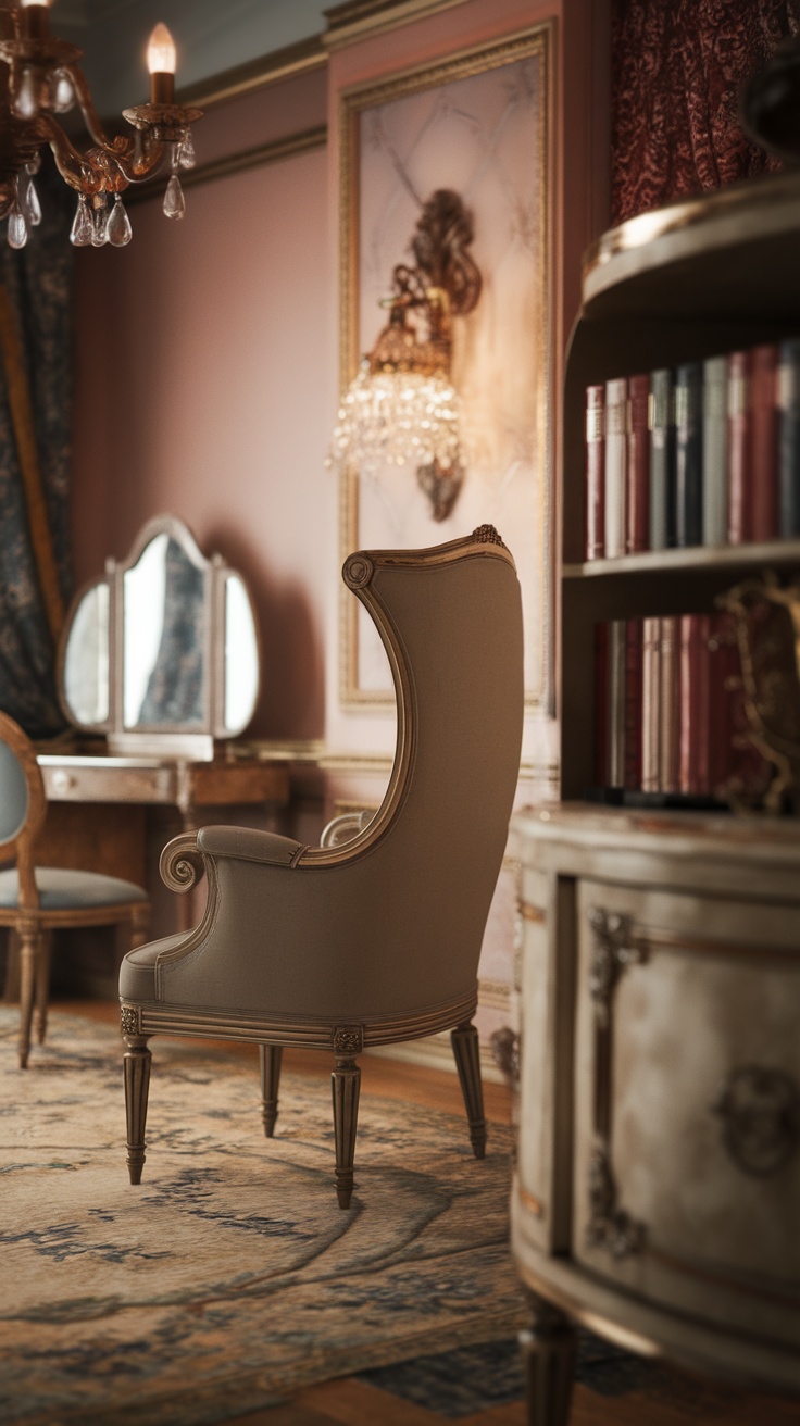 A vintage-inspired reading nook with elegant furnishings, highlighting a cozy atmosphere.