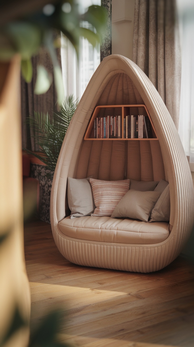 A cozy reading pod with cushions and a bookshelf in a bright room