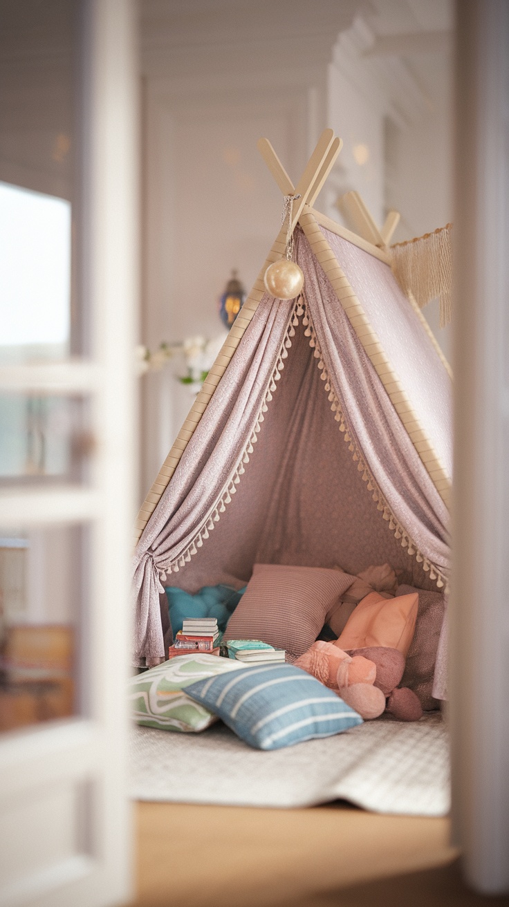 A cozy reading tent for kids filled with pillows and books.