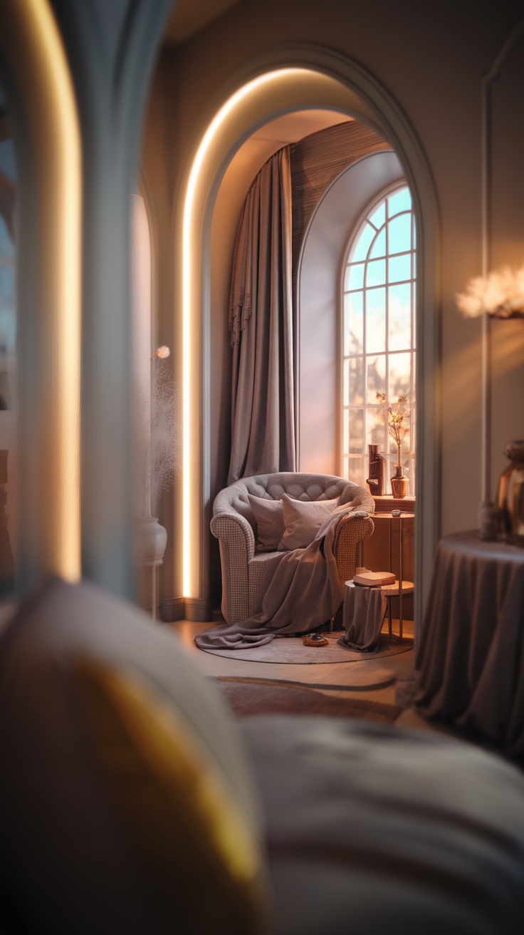 A cozy reading nook featuring soft lighting, warm textiles, and a comfortable chair by a window.
