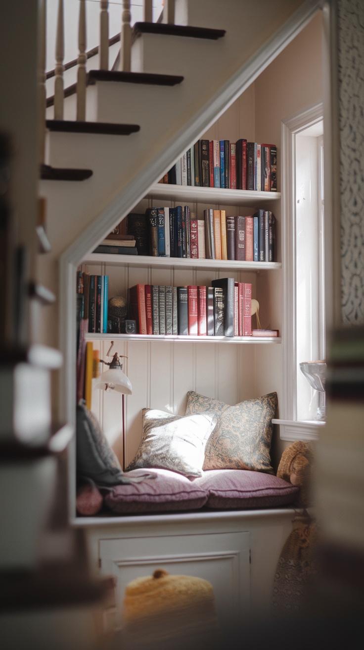 Cozy reading nook under the stairs with bookshelves and cushions.