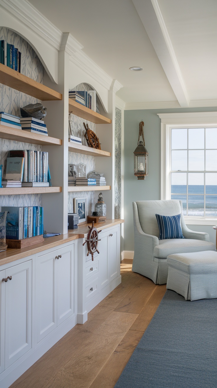 A coastal inspired reading room with bookshelves, a comfortable chair, and ocean view.