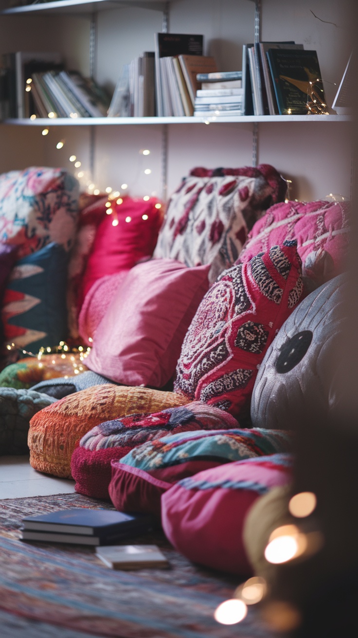 Colorful plush floor cushions arranged in a cozy reading nook with a shelf of books in the background.