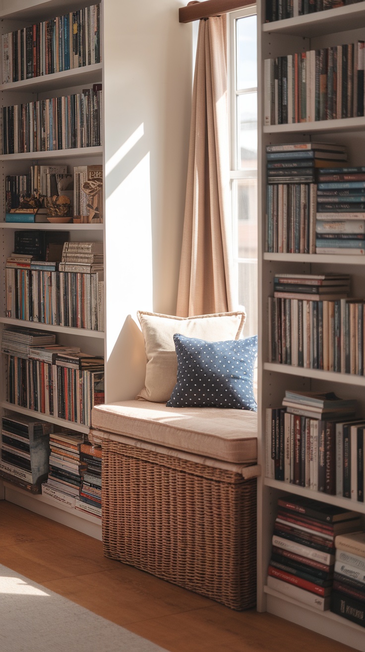 Cozy window seat surrounded by bookshelves, perfect for a reading nook.