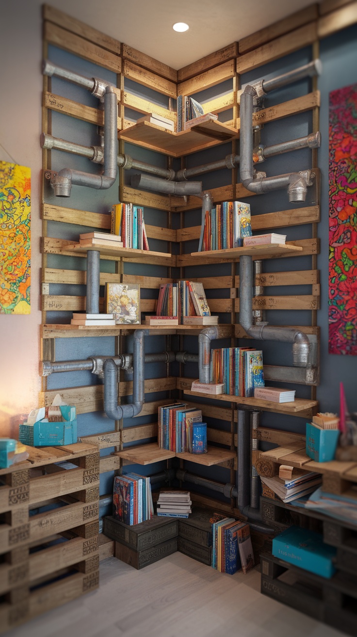 Artistic corner shelving made from wooden pallets and pipes, displaying various books and decorative items.