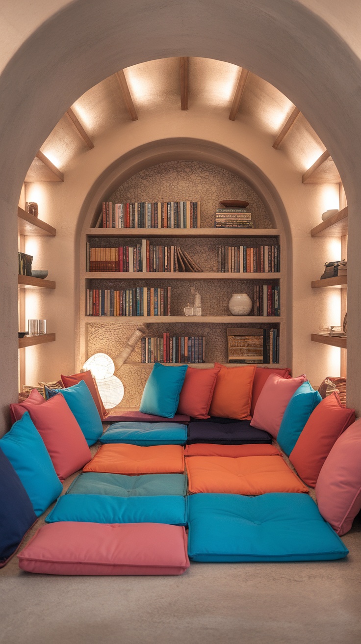 A cozy nook with colorful floor cushions and bookshelves in the background