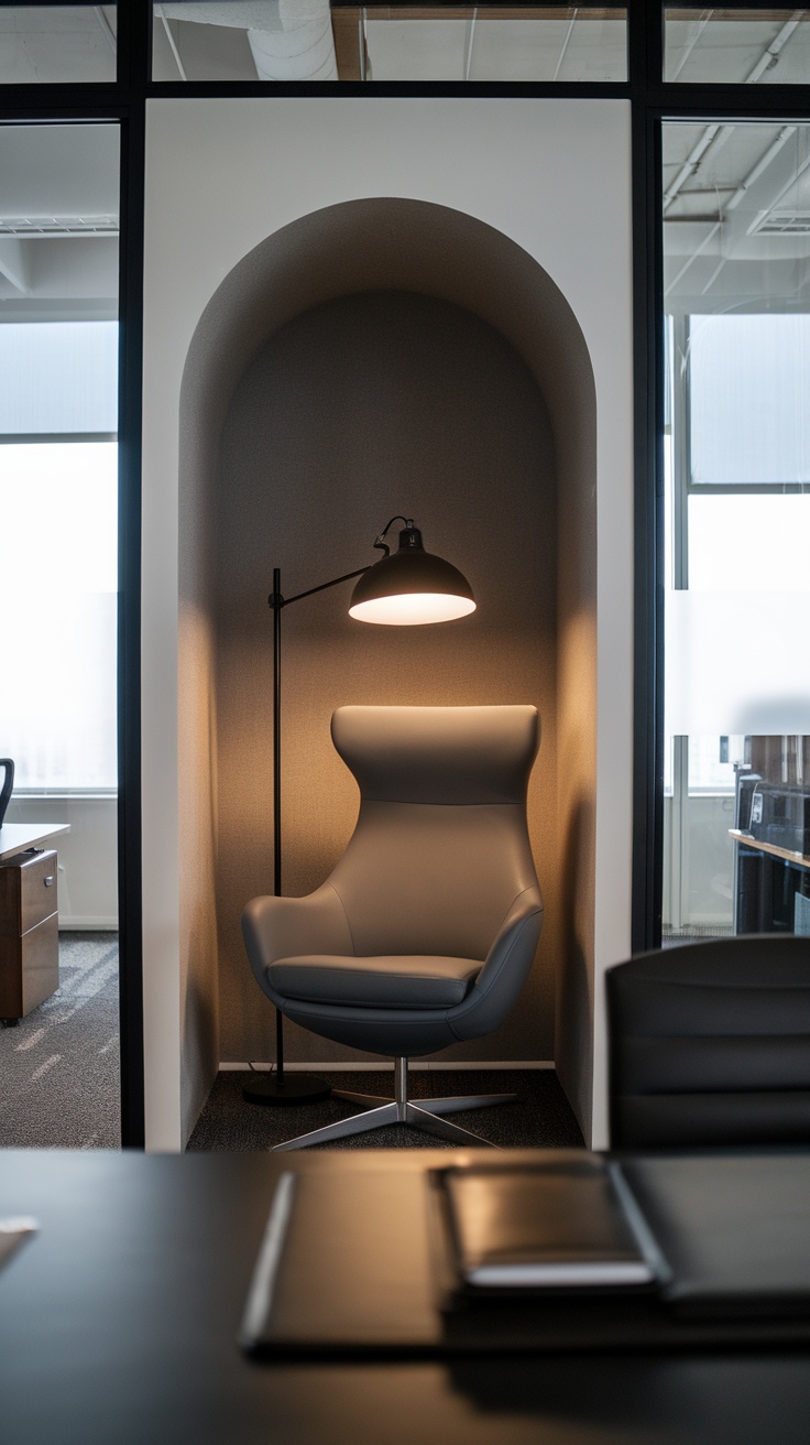 A modern office reading nook with a sleek chair and a floor lamp.