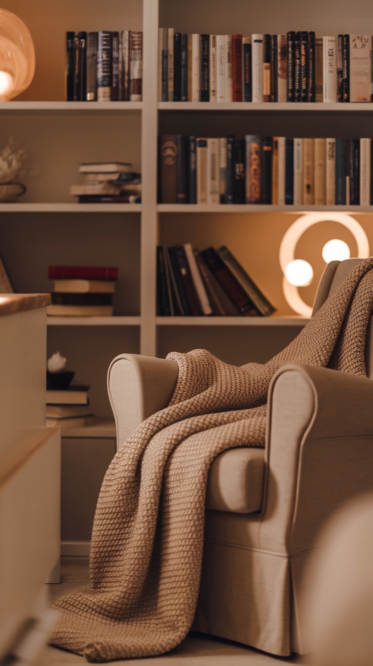 Cozy reading chair with a warm throw and books in the background.