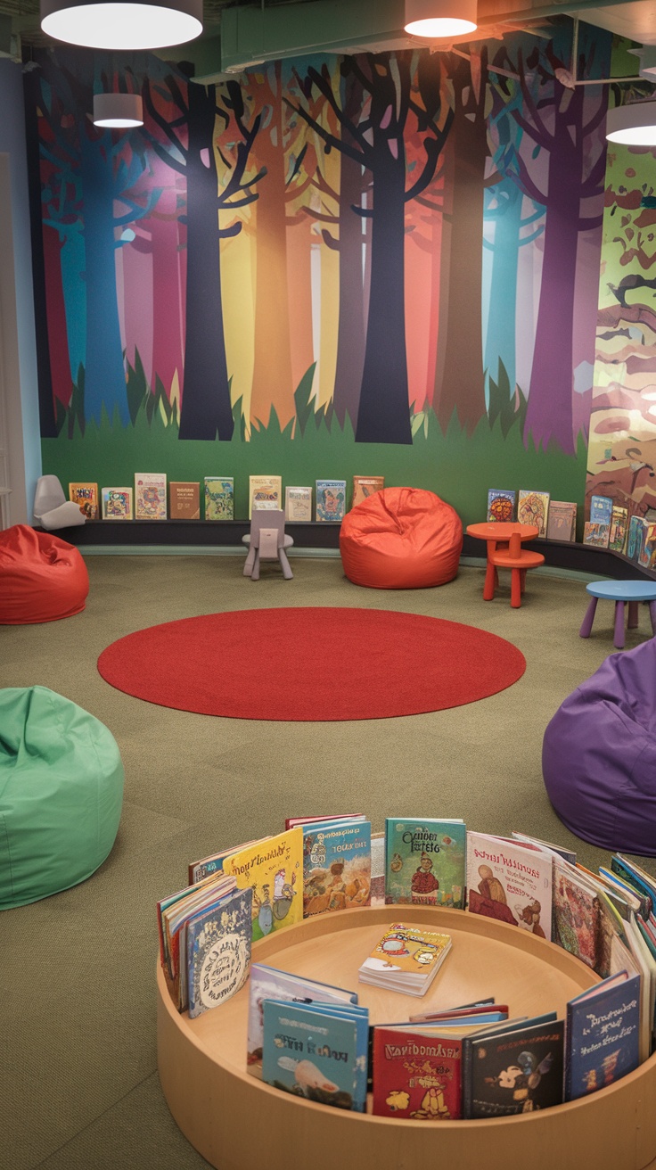 A colorful kids' reading room with bean bags, a circular book display, and a vibrant forest-themed mural.