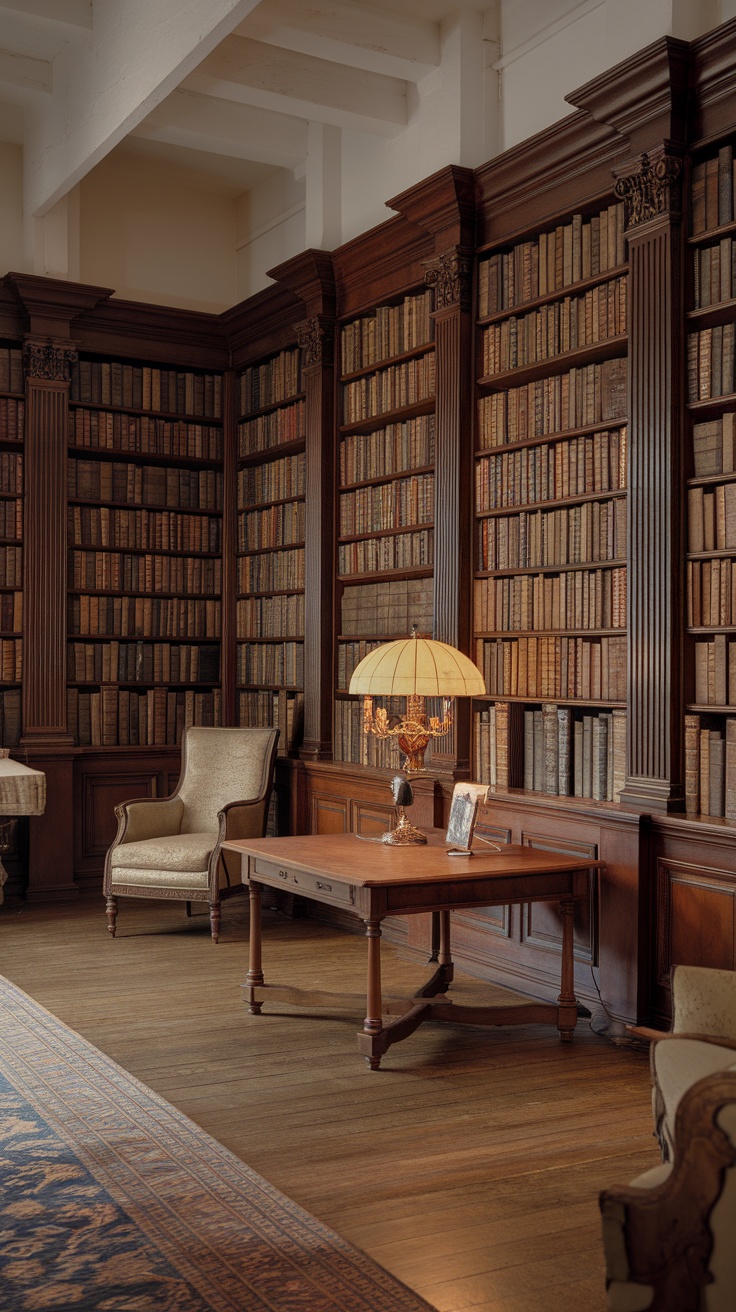 A vintage library featuring antique furniture, with bookshelves filled with books, a cozy armchair, and a classic desk.