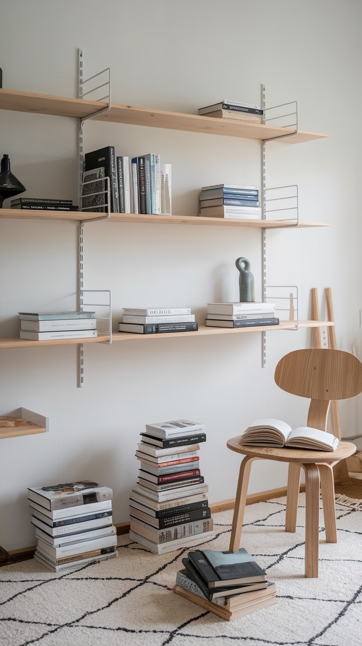 Minimalist reading room with wooden shelves, books, and a cozy chair.
