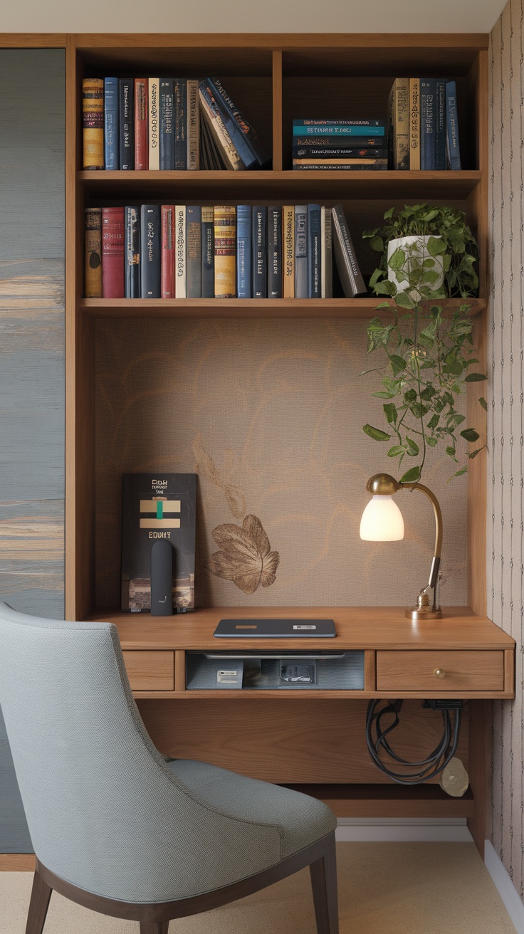 A modern reading station with bookshelves, a desk, and a comfortable chair.