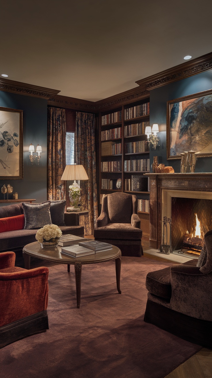 Luxurious reading room with cozy seats and a fireplace.