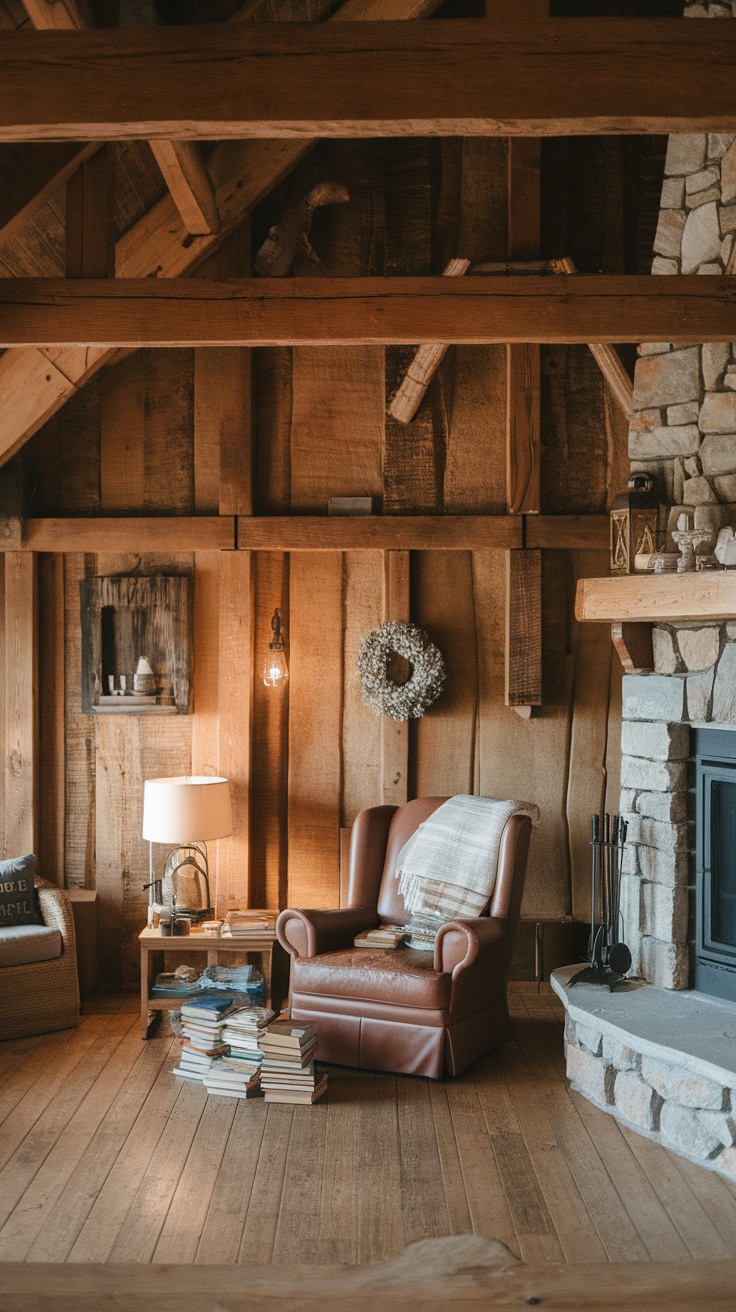 A cozy rustic cabin reading space with a leather armchair, lamp, and stacks of books.