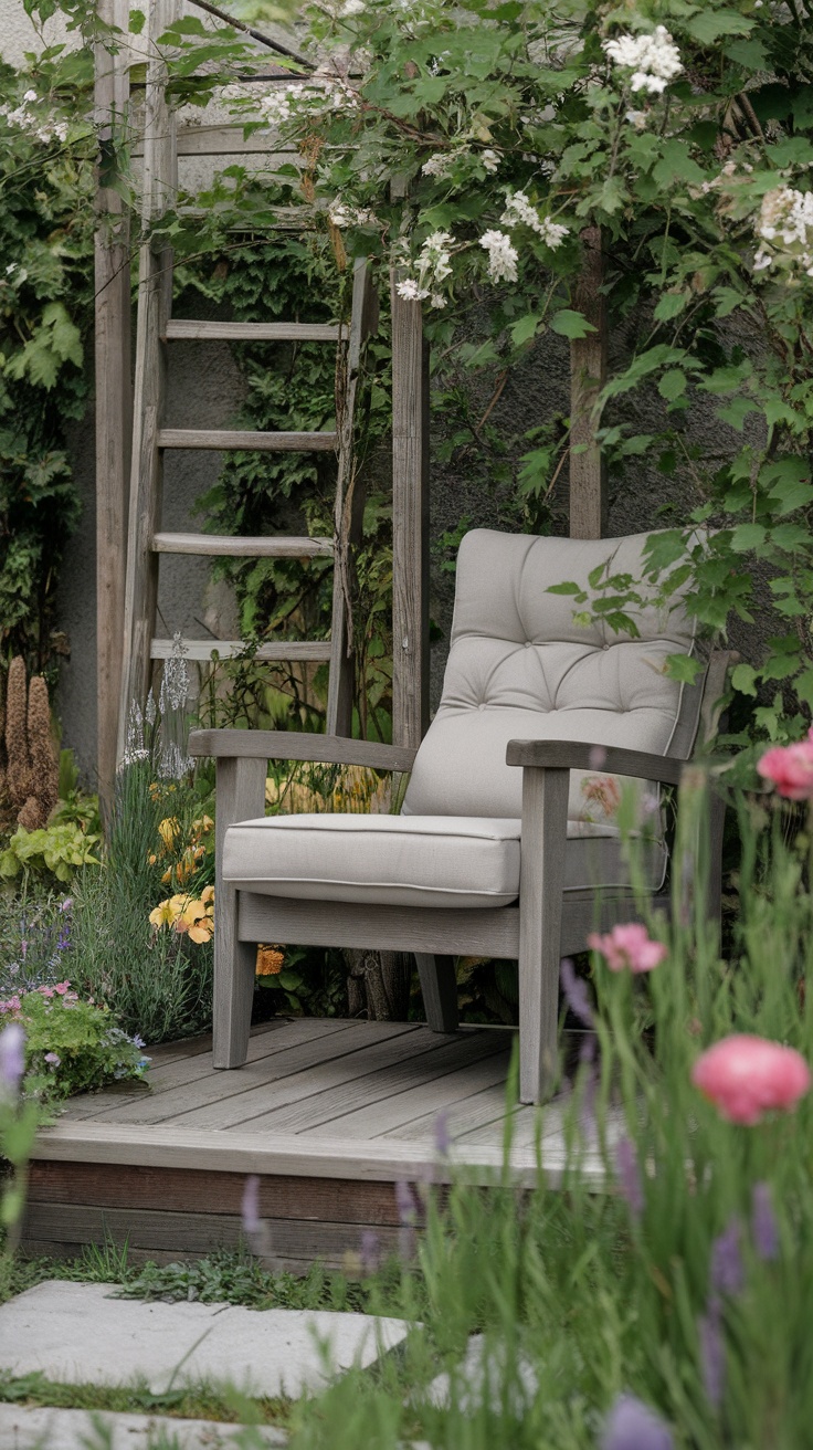 A cozy chair surrounded by blooming flowers and greenery in a garden setting.