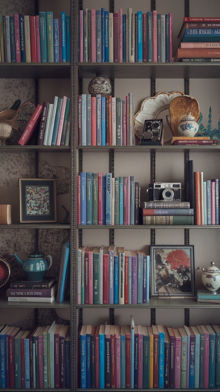 Eclectic bookshelf with colorful books and decorative items.