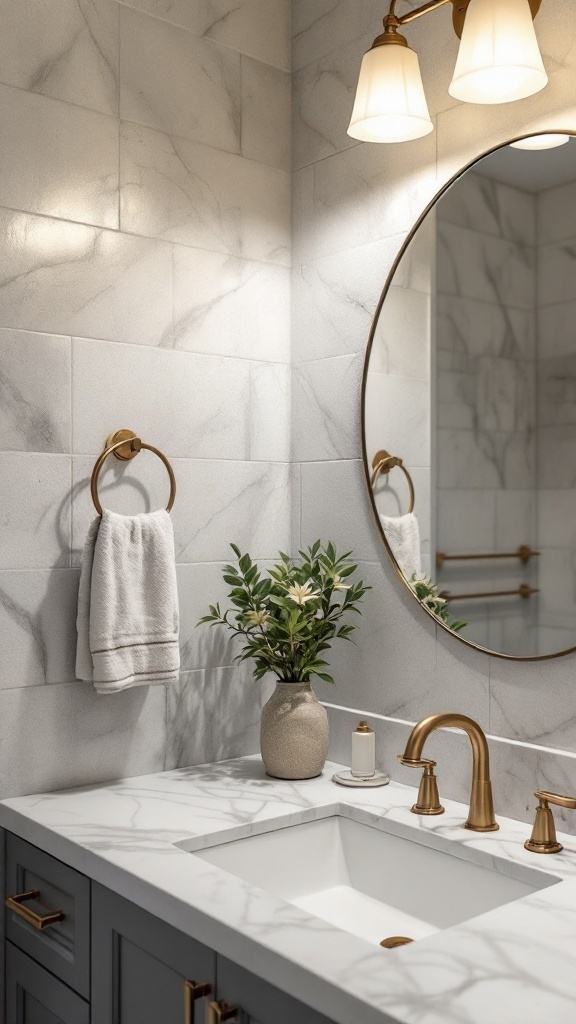 A stylish bathroom with modern lighting and decorative elements.