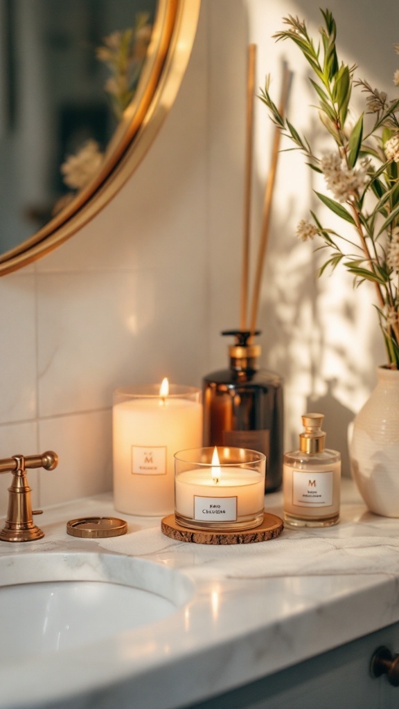 A stylish bathroom countertop with scented candles and decorative elements.