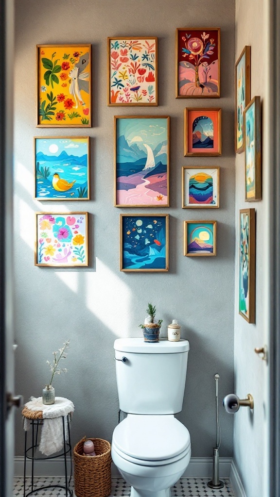 Colorful wall art displayed in a bathroom, showcasing various floral and landscape designs.