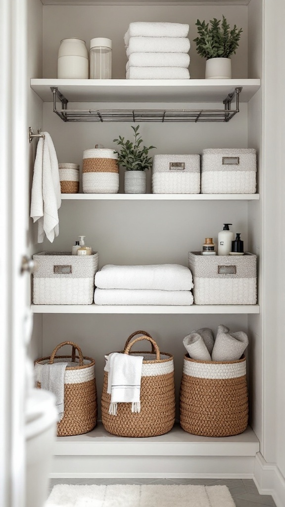 Stylish storage shelves with towels and baskets in a bathroom