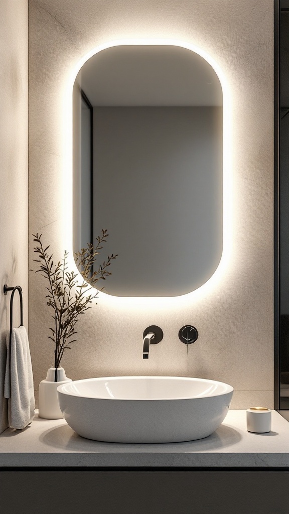 A stylish bathroom mirror with soft lighting above a modern sink.