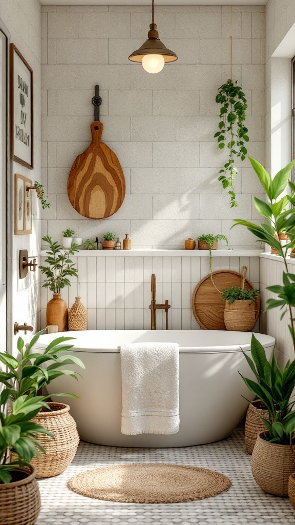 A serene bathroom with plants, natural materials, and a minimalist design.