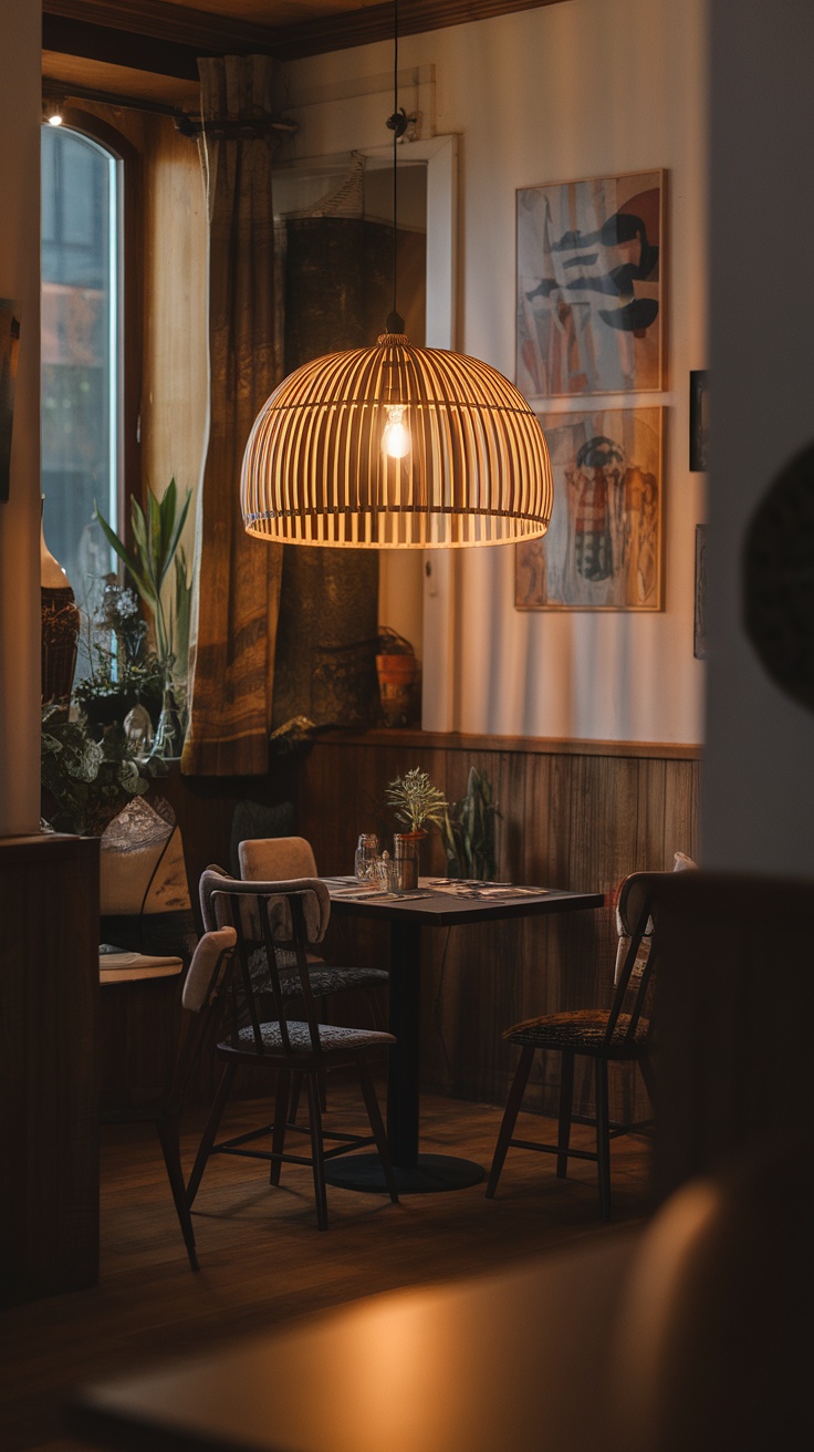 A cozy dining area featuring a bamboo lighting fixture.