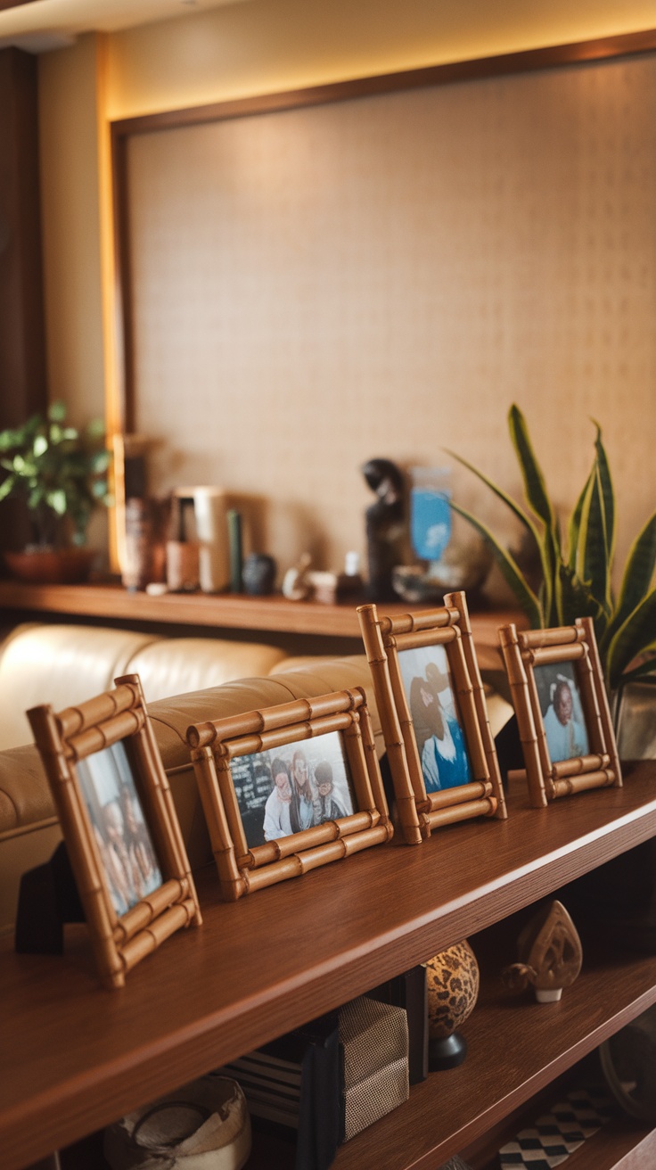 Bamboo photo frames displayed on a shelf with indoor plants in the background