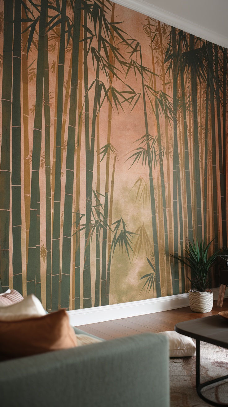 A room with bamboo wall mural and indoor plants.