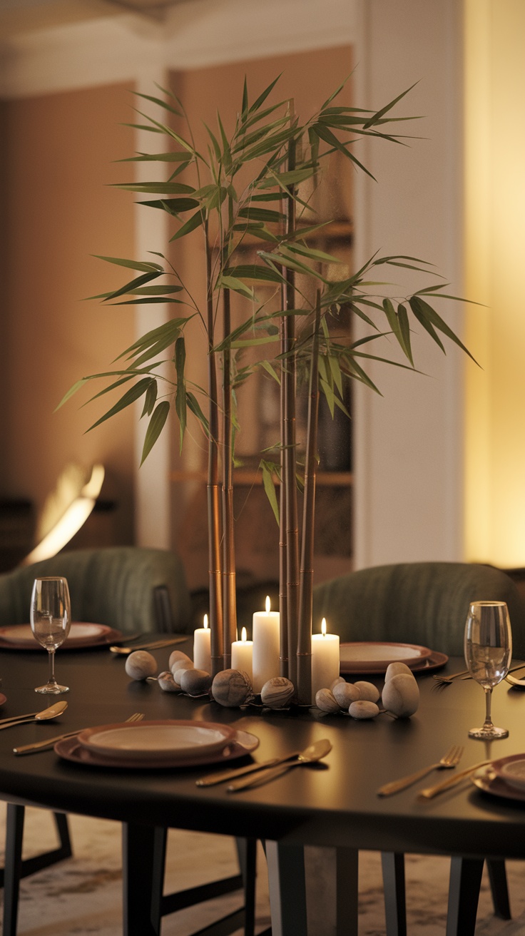 A dining table set with a bamboo centerpiece, candles, and decorative stones.