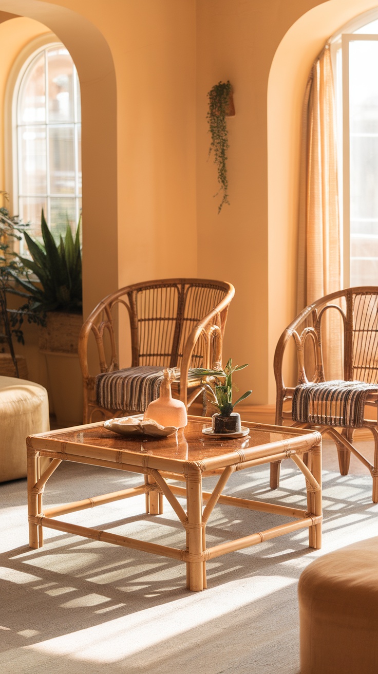 A cozy living room with bamboo accent furniture, including chairs and a coffee table.